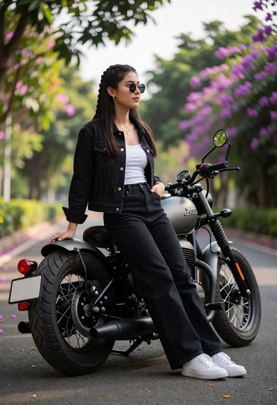 Young woman on a bobber motorcycle by trees and purple flowers