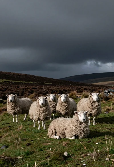 Flock of woolly sheep standing on grassy hill under stormy dramatic sky