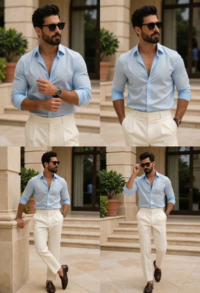 Stylish man in light blue shirt and cream trousers outdoors near beige