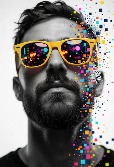 Close up portrait of bearded man wearing yellow sunglasses dissolving into digital