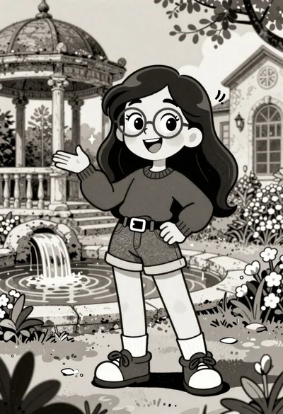 Cartoon girl with glasses stands in vintage garden near stone gazebo