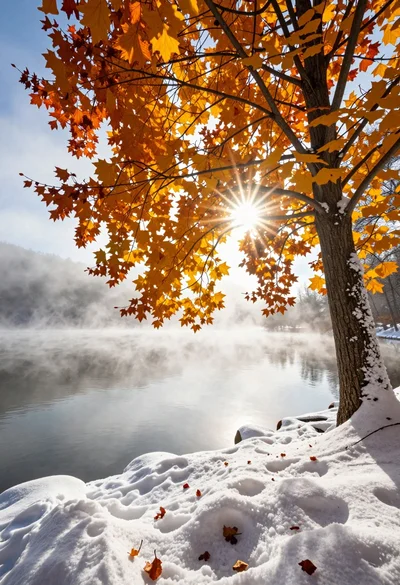Serene misty lake at sunrise framed by vibrant autumn foliage and snow