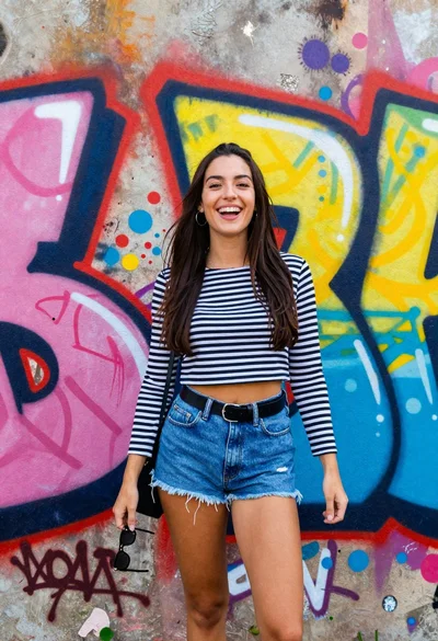 Young woman posing against vibrant graffiti wall in bright daylight