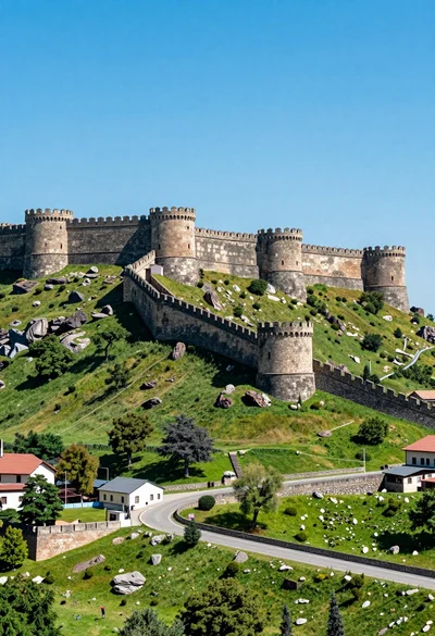 Majestic ancient stone fortress complex atop a lush green hillside under bright