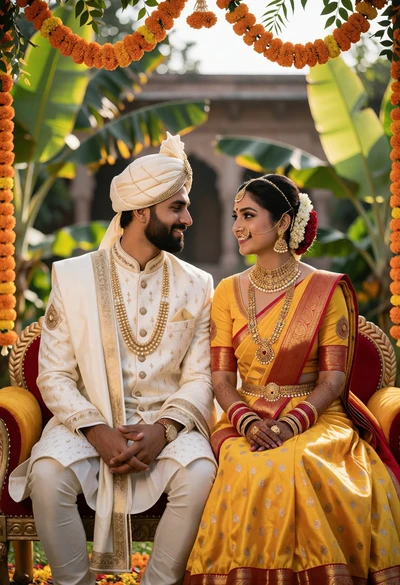 Traditional indian wedding couple seated under floral archway with yellow lehenga