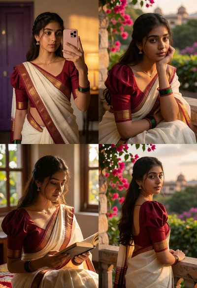Collage of four photographs featuring woman in traditional indian saree