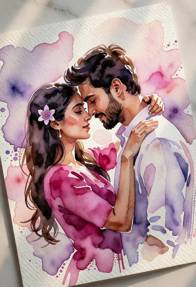 Watercolor portrait of couple embracing on textured paper surface