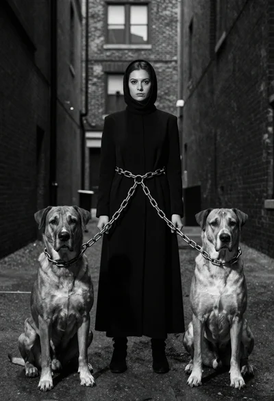 Woman between two large dogs in an urban alleyway