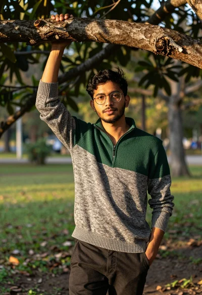 Young man in green and grey sweater outdoors under large tree at