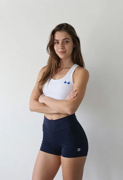 Young woman in athletic wear standing against a plain white wall