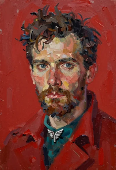 Oil painting portrait of a man in red coat