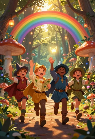 Four children adventurers running through magical forest path under rainbow archway