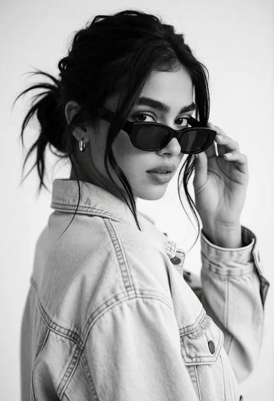 Medium closeup black and white portrait of woman adjusting sunglasses in studio