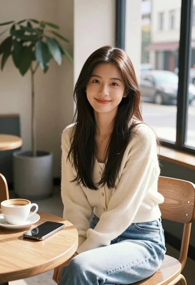 Young east asian woman smiling at wooden table in cozy cafe setting