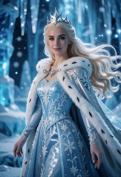 Regal woman in shimmering blue gown within a vast magical ice palace