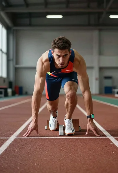 Elite male sprinter launching from starting blocks on indoor track