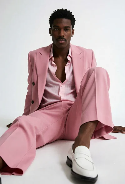 Black man in pink suit sitting on floor against seamless white studio