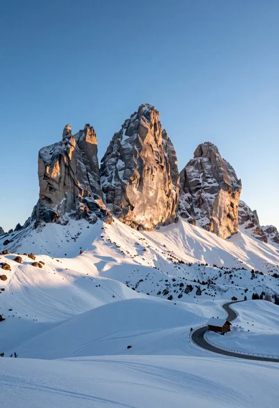 Majestic snow covered mountain peak with road and wooden cabin