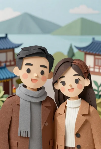 Cheerful couple with stylized paper cutout faces standing in front of traditional