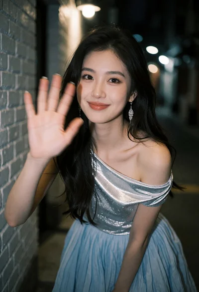 Young woman waving in a dimly lit urban alleyway at night