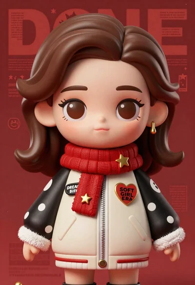 Closeup portrait of stylized female art doll figure with brown hair