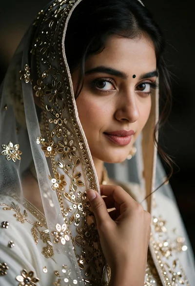 Close up portrait of young woman wearing ornate white and gold bridal