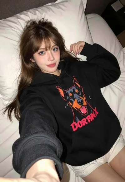 Young woman taking a selfie in black hoodie on white bed