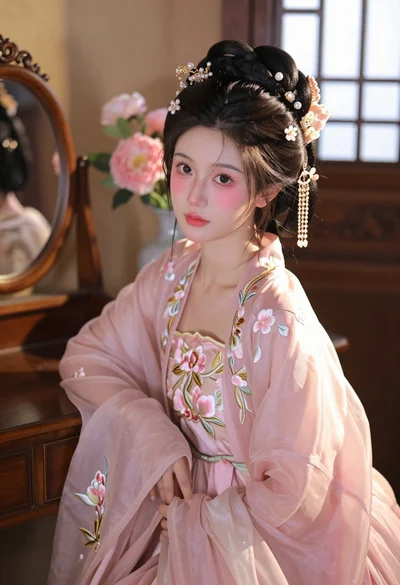 Young woman in pink hanfu gown seated near ornate vanity window