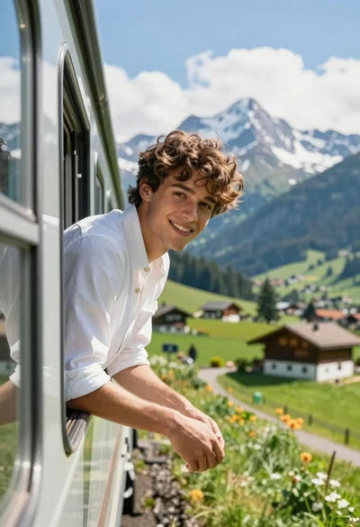 Young man smiling from train window overlooking alpine mountain scenery
