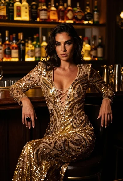 Woman in gold sequined dress sitting in dimly lit bar setting