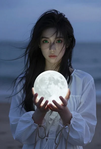 Mystical woman with black hair holding glowing moon at twilight beach