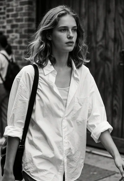 Candid black and white street photograph of a woman walking past brick
