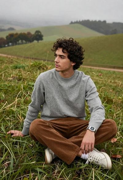 Young man in grey sweater on green hillside overlooking misty distant hills