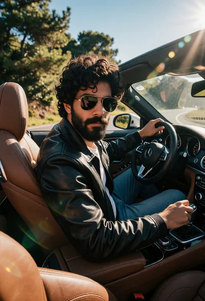 Man in black leather jacket driving convertible on winding road under sunny