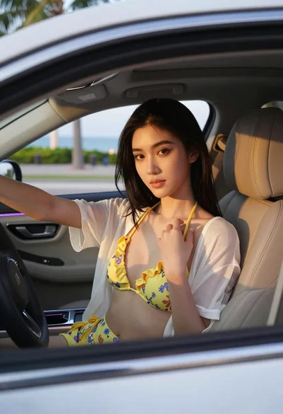 Young woman with black hair in white car at sunset beach