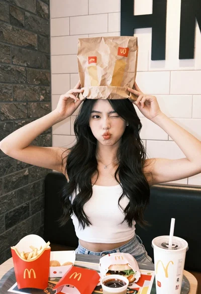 Young woman with dark hair holding paper bag over head at fast
