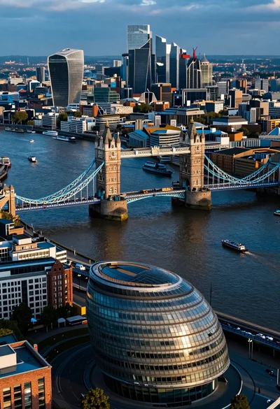 Aerial view of london twilight showing tower bridge city hall and canary