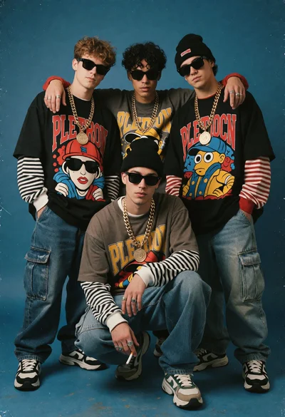 Four young men in nineties hip hop fashion against a solid blue