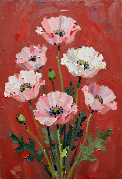 Oil painting of pink poppies on red background