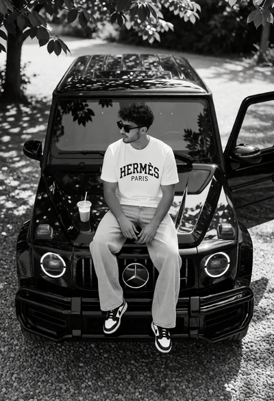 Man sitting on black suv hood under trees in monochrome photograph