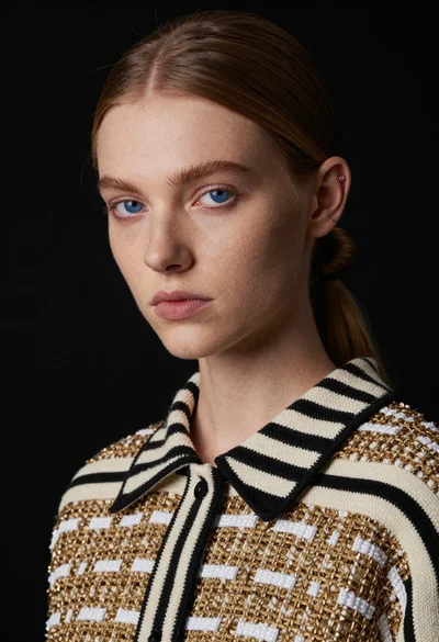 Studio portrait of woman with blue eyes and striped garment