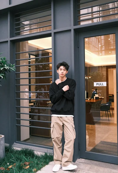 Young man in black sweater by modern glass building facade outdoors