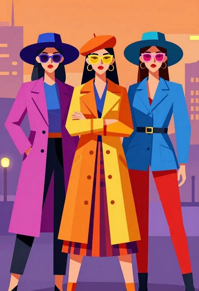 Three stylish women in colorful geometric fashion portrait