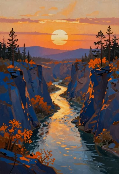 Oil painting of a river canyon at sunset