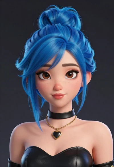 3d animated portrait of woman with blue hair