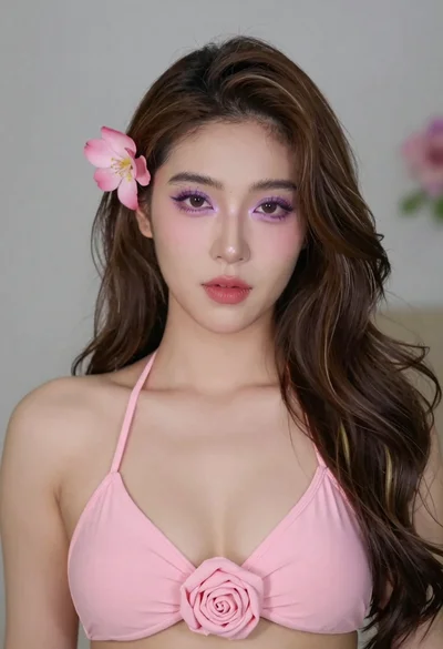 Close up portrait of woman with brown hair wearing pink bikini