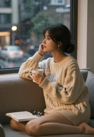 Young woman in knit sweater holding mug by rainy window at night