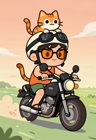 Cheerful chibi cartoon character riding a motorcycle with an orange cat