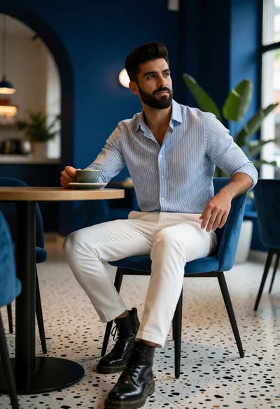Young man seated at cafe table in stylish interior with natural light