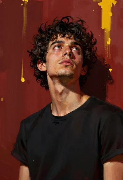 Low angle portrait of young man looking up against abstract red yellow